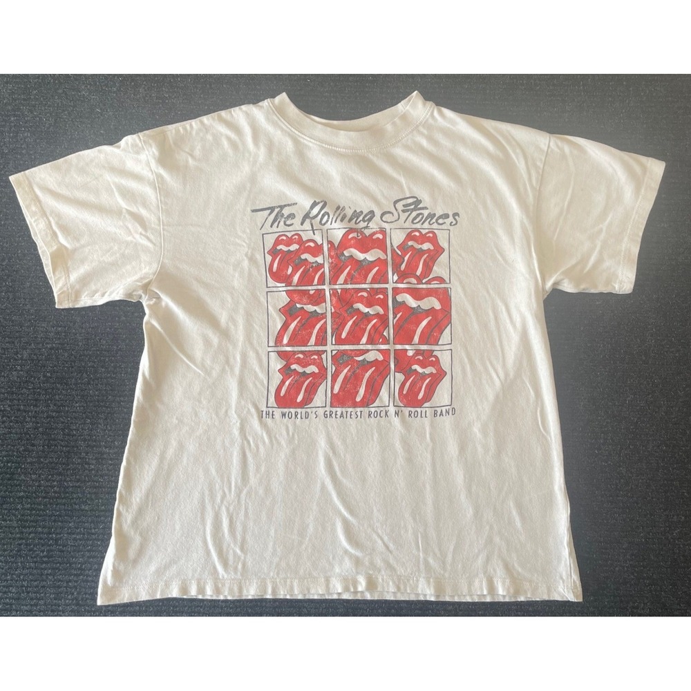 HM The Rolling Stones Graphic T-Shirt Small Cream Rock Band Tongue Logo Tee